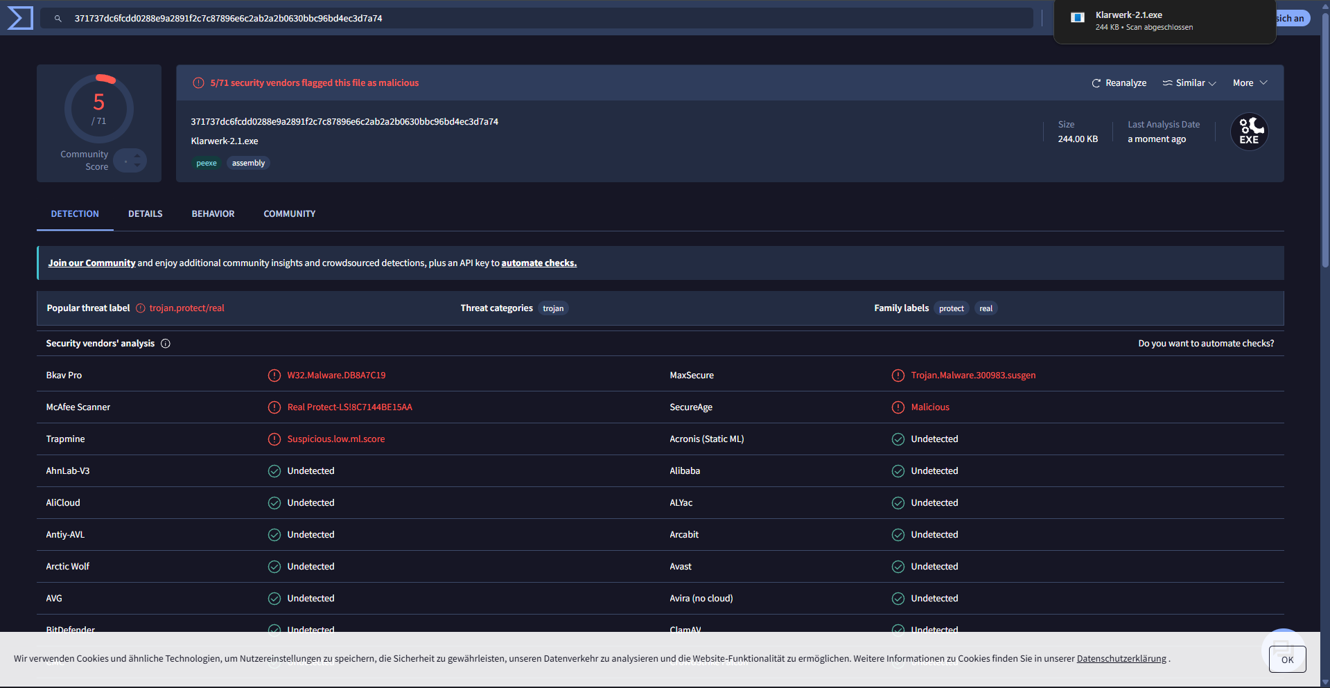 Tatsächliches VirusTotal-Ergebnis für Klarwerk 2.1
